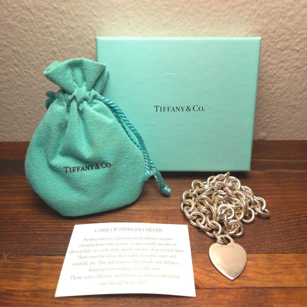 Vintage Tiffany & Co 925 Sterling Silver Heart Tag Choker Necklace 16"